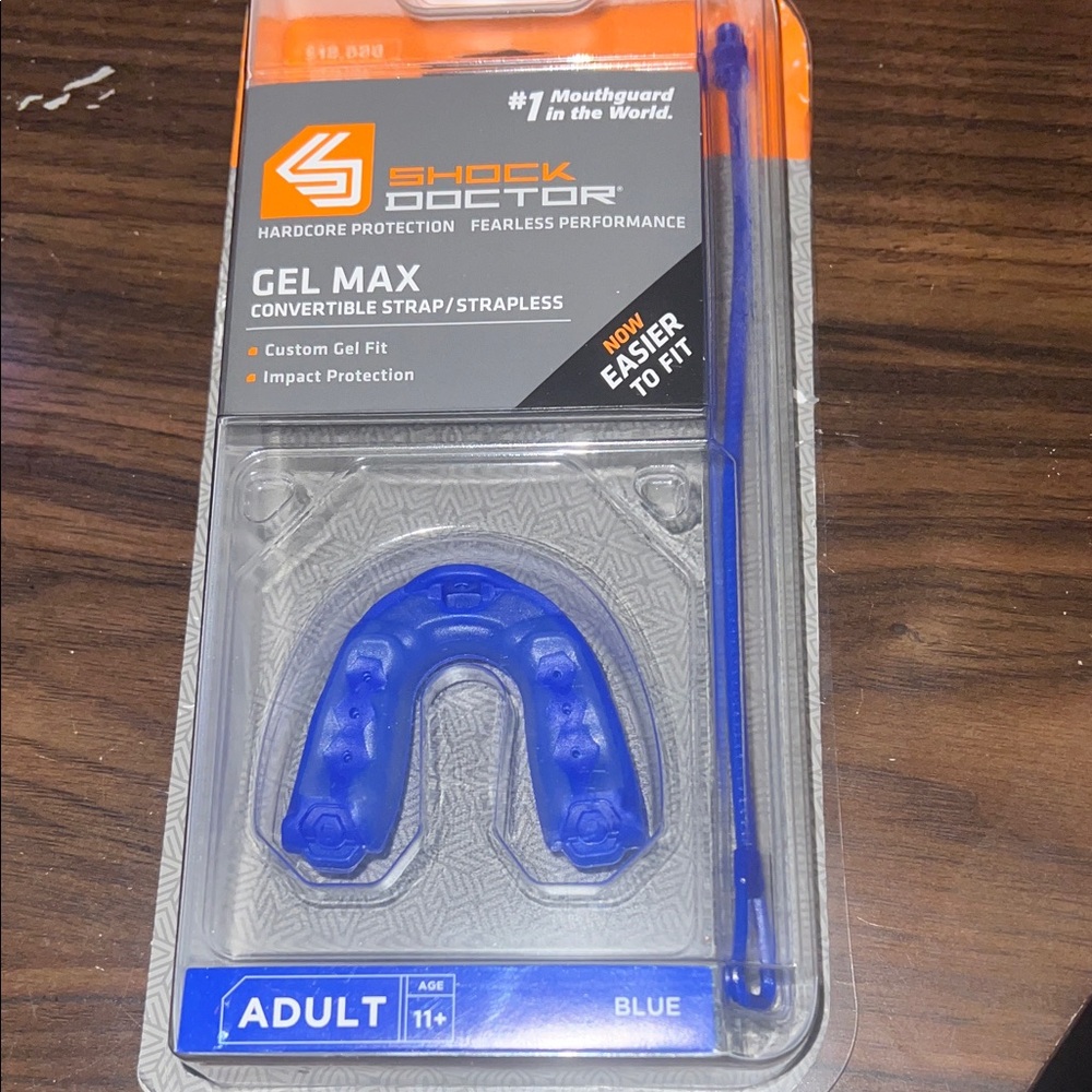 SHOCKDOCTOR Blue Gel Max Mouthguard Convertible Strap/ Strapless  ADULT 11+ NIP